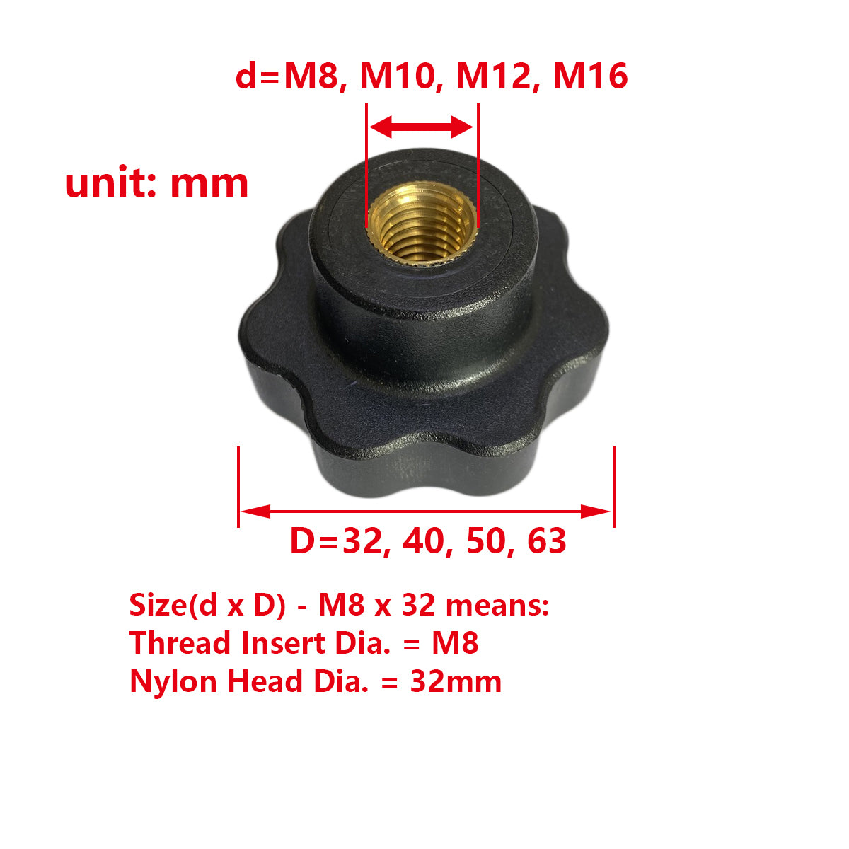 Seven Star Knob 7 Lobe Plastic Handle with M8 M10 M12 M16 Female Thread Brass Insert